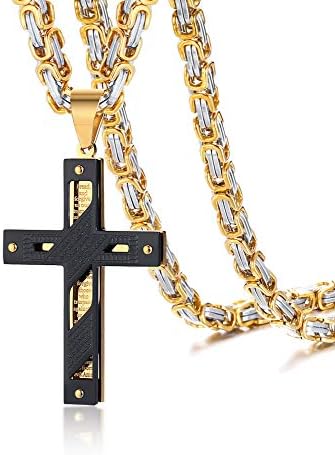 MEALGUET Stainless Steel Crucifix Cross Pendant Necklace,Men's Cross Necklace with Chunky Byzantine Chain/Rolo Chain (black gold-byzantine)