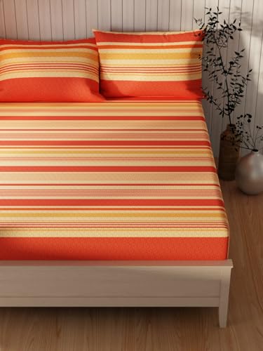 Image of KOPA Extra Smooth Cotton Double Bedsheet with 2 Pillow Covers -3pc Set (Lopez) | Extra Smooth Cotton | 1 Double Bedsheet with 2 King Size Pillow Covers Stripe-Brick /Beige