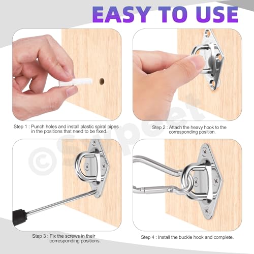 Swpeet 40 Pcs M8 Premium Heavy Duty Square Edelstahl Schraubenhaken Kit mit Pad Eye Haken, Snap Haken, Schrauben mit Kunststoff Expansionsrohr, Deckenhaken für Outdoor Indoor Aktivität