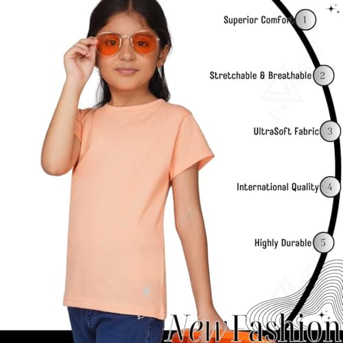 Image of Kids Round Neck Girls Tshirt | Short Sleeves | Natural Organic 100% Cotton Soft Comfortable Fabric | Plain Color Original Branded Half Sleeve | School t-Shirt for Girl Kid | Sleepwear Everyday Casual