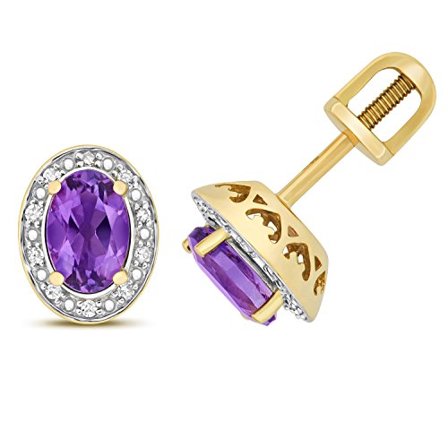 Boucles d'oreilles or 375/1000 diamants 0.06 ct et améthyste violette de 10mm*7mm WJS14442