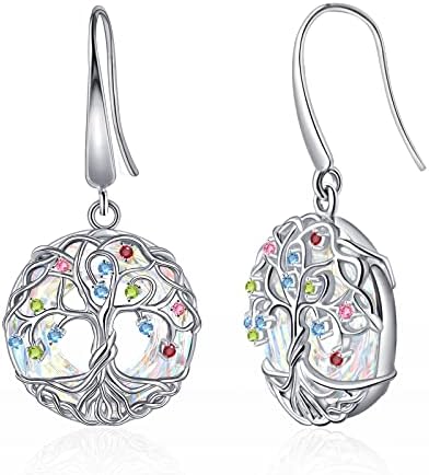 G&GEMSJEW Tree of Life Earrings for Women, Girls Round Drop Wire Earrings, Rhodium Plated Dangle Drop Hooks Earrings with Circle Crystal Colorful CZ Earrings, Family Tree Jewelry Mother's Day Gift