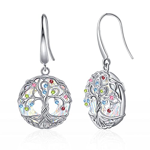 G&Gemsjew Tree Of Life Earrings For Women, Girls Round Drop Wire Earrings, Rhodium Plated Dangle Drop Hooks Earrings With Circle Crystal Colorful Cz Earrings, Family Tree Jewelry Mother's Day Gift #TOP3