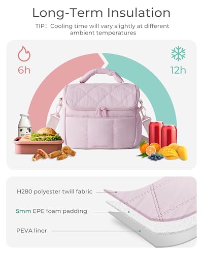 BAGSMART Insulated Lunch Bags for Women, Cute Quilted Lunch Box, Lightweight Puffy Padded Waterproof Lunch Tote, Reusable Lunch Cooler for Work Picnic Travel, Dark Pink