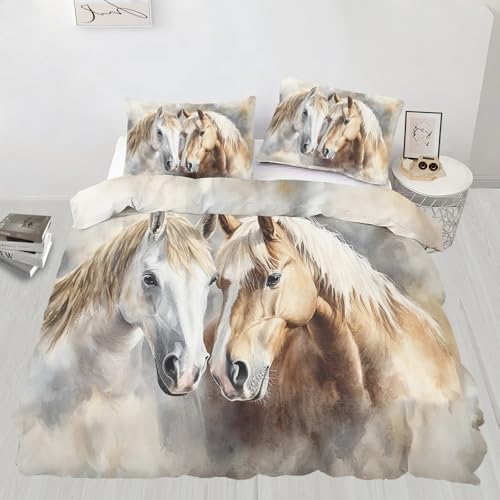 Juego de ropa de cama doble con diseño de caballo, diseño de animales, funda de edredón doble de granja, decoración de dormitorio, 3 piezas con 2 fundas de almohada