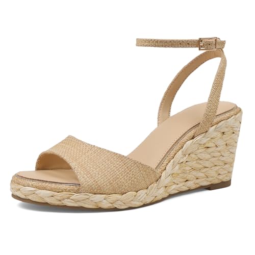 Image of Marc Ford Wedge Sandals For Women Raffia Espadrille Platform Wedges Summer Comfort Sandals Ankle Strap Stylish Open Toe Beach Vcation Raffia Wedges Heels 3 inch