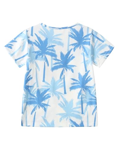Image of Boy Shorts Sets Summer Hawaii Outfit Palm Print Short Sleeve T-Shirt and Drawstring Cotton Shorts with Pockets