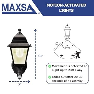 Maxsa 43319 Premium Battery-Powered Motion-Activated Decorative Outdoor Warm White LED Wall Sconce Lighting Fixture, Metal Housing, Black
