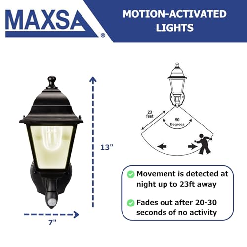 Image of Maxsa 43319 Premium Battery-Powered Motion-Activated Decorative Outdoor Warm White LED Wall Sconce Lighting Fixture, Metal Housing, Black