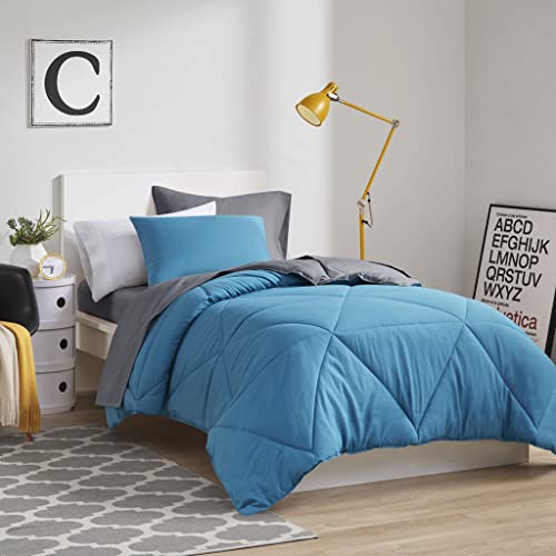 Comfort Spaces Vince Reversible Bed In A Bag - Trendy Casual Geometric Quilted Cover, All Season Down Alternative Cozy Bedding, Matching Sham, Twin, Reversible Teal/Charcoal 6 Piece