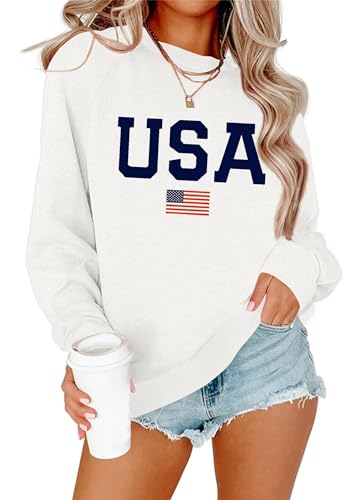 Dressmine Womens USA Sweatshirts Patriotic Shirts Loose Knit Long Sleeve Soft Print Elastic Graphic Tees White Large
