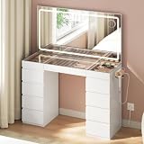 WOLTU Coiffeuse avec Grand Miroir LED, Plateau en Verre, Table de Maquillage avec 11 Tiroirs, Station de Charge, Compartiments à Bijoux & Support Sèche Cheveux, Meuble Moderne pour Chambre, Blanc