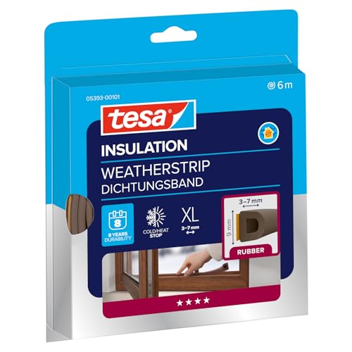 tesa INSULATION Joint en caoutchouc XL - Joint autocollant pour l'isolation des fentes sur les fenêtres et les portes - Marron - 6 m x 9 mm x 7 mm