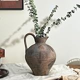 Duoqulou Rustic Ceramic Brown Vase with Handle,Antique 8.9 Inches Terracotta Vase for Home Decor,Living Room, Entryway,Farmhouse,Wedding and Thanksgiving Gift