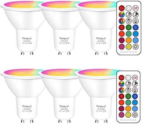 Yangcsl GU10 LED Bulbs 40W Equivalent 400LM, Color Changing Spot Light Bulb with Remote, RGB + Warm White, 45° Beam Angle and Memory, Mood Ambiance Lighting (6 Pack)