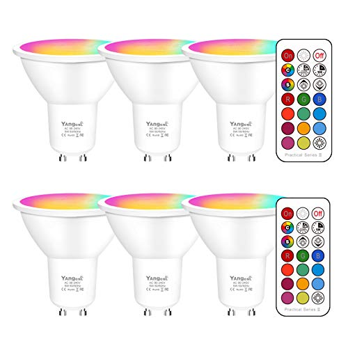 Yangcsl GU10 LED Bulbs 40W Equivalent 400LM, Color Changing Spot Light Bulb with Remote, RGB + Warm White, 45° Beam Angle and Memory, Mood Ambiance Lighting (6 Pack)