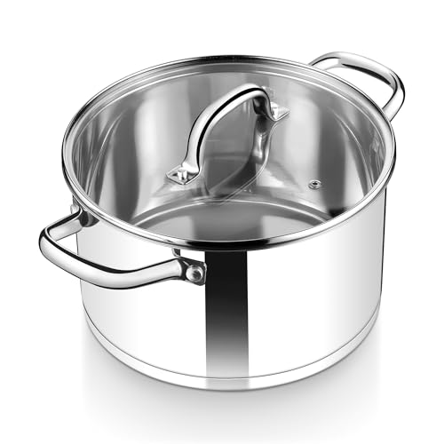 Herogo 5.6L Stock Pot, Stainless Steel Soup Pot with Clear Visible Lid, 24cm Induction Stockpot for Soup, Tri-Ply Bottom for All Stoves, Heavy Duty For Stewing/Cooking, U-shaped Handle, Silver