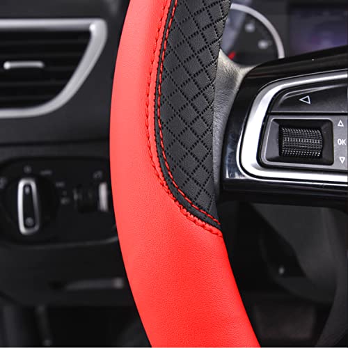 Car Pass Rhombus Leather Universal Steering Wheel Cover, Fit For Suvs,Trucks,Cars,Sedans,Vans (Black&Red) #TOP3