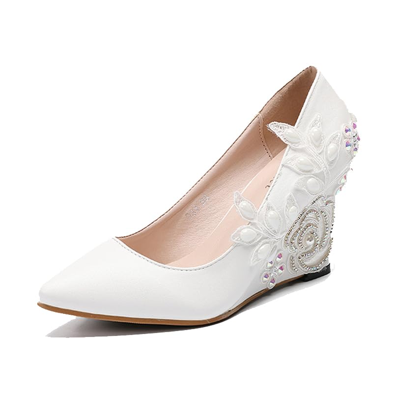 Minishion Womens Dress Wedge Shoes for Wedding Bridal Pumps with Lace Flower