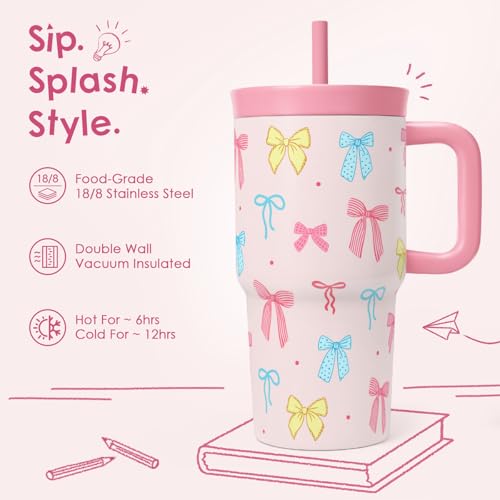 SANDJEST Bow Stainless Steel Tumbler 20oz with Handle and Silicone Straw Locking Lid for Kids Girls, Birthday Christmas Back to School by SANDJEST - Used condition - Image 4