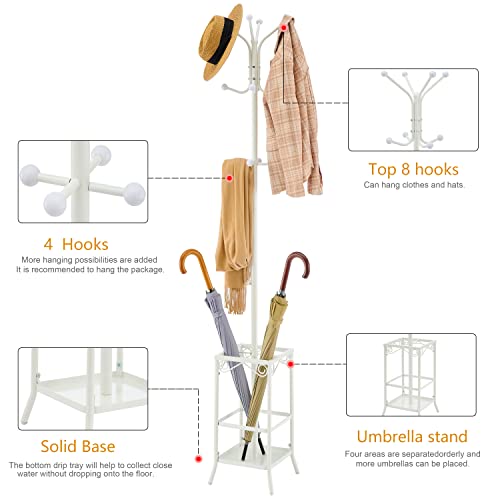 Hoctieon Coat Rack Freestanding,Entryway Coat Hanger Stand,Umbrella Holder,Hall Tree With 12 Hooks,Standing Coat Rack,Floor Standing Metal Umbrella Tree Stand, White #TOP7