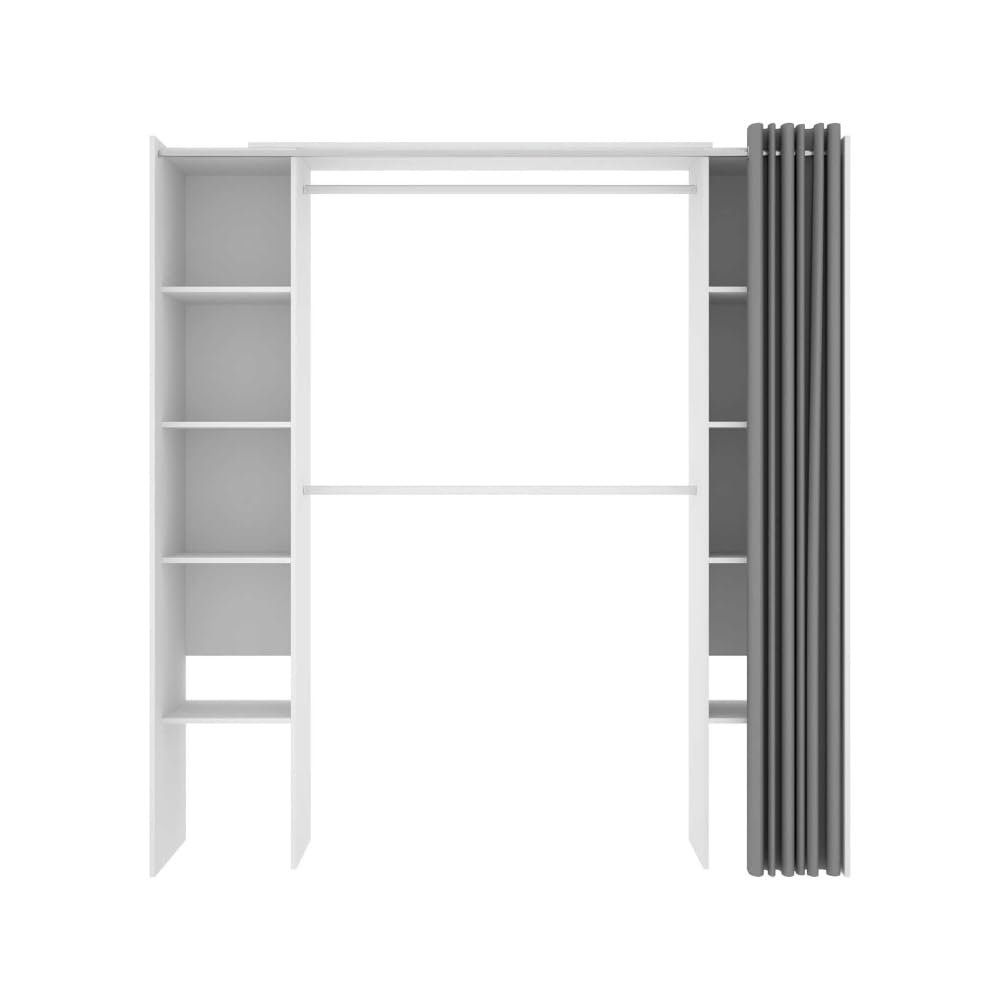 SPOGLIATOIO con Tende BASTET - Bianco Armadio Aperto con 2 colonne e Tenda. 2 aste Appendiabiti. 10 scaffali. Misure Regolabili.