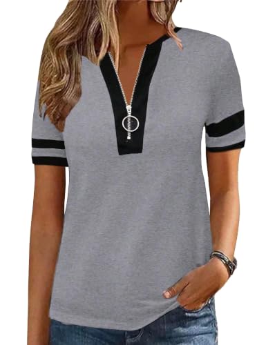 Hilinker Women's Color Block Tops Short Sleeve Zipper Shirts Casual Summer Tees Loose Fit Grey Small