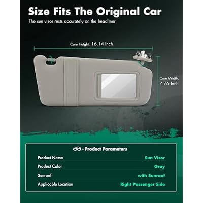 SCITOO Right Passenger Side Sun Visor fit for Toyota Camry 2006 2007 2008 2009 2010 2011 (with Sunroof, with Mirror, Without Light) Gray 74310-06770-B0 04002-30306-B0