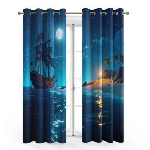 Pirate Ship Curtains Blackout, 72 Inch - Boat Nautical Curtains for Home Decor, Bedroom, Living Room, Pirate Ship Room Decor Grommet Window Drapes, 2 Panels Set 42x72 V627