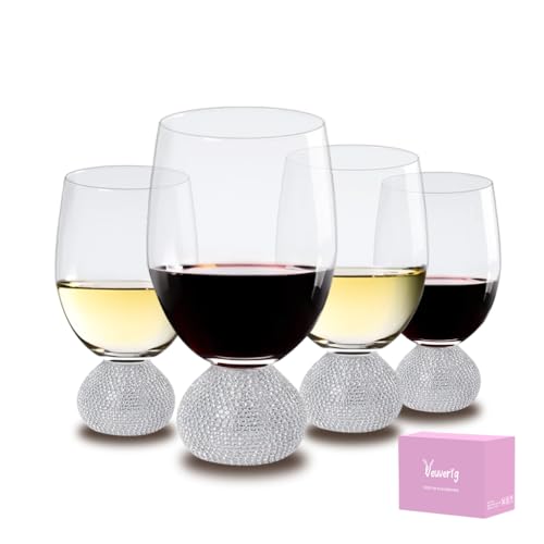 Wine Glasses Set of 4,Stemless Wine Glass,Unbreakable Crystal Fancy Glasses,15 Oz Short Handle Red/White Glasses,Unique Wine Gifts for Women,for Home Bar, Party, Birthday (Silver Clear)
