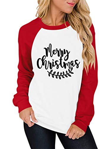 ANTSZONE Merry Christmas Letter Print Raglan Shirts for Women - Casual Long Sleeve Crewneck Holiday Pullover Sweatshirt Tops (1# Red & White, L) 313-SD010-hongsebai-L