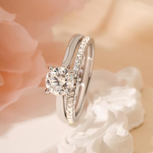 Image of Jeulia Round Cut Moissanite Engagement Ring Set for Women | D Color VVS1 925 Sterling Silver Wedding Band & Promise Ring Bridal Set | with Gift Box, Anniversary Proposal Gift for Her