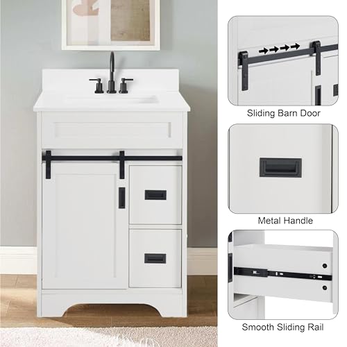 AOPNOMU 24’’ Inch White Bathroom Vanity Set - MDF+Metal Construction, with Sink,with Sliding Barn Doors and 2 Drawers, Freestanding Bathroom Vanities,White - Thumbnail 4
