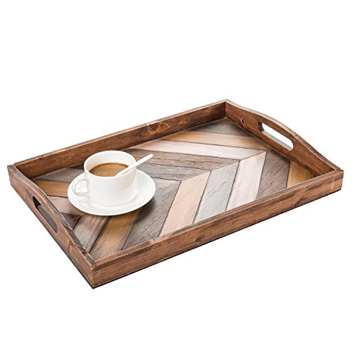 Mygift Rustic Chevron Stripe Pattern Rectangular Wood Breakfast Serving Tray/Decorative Coffee Table Tray With Cutout Handle - 16 X 12-Inch #TOP5