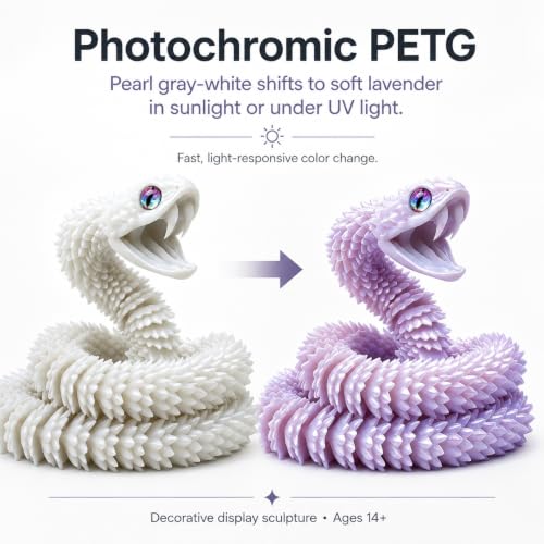 Image of 3D Printed UV Color Changing Viper Snake Sculpture, 23 inch White to Lavender Photochromic Articulated Display Piece, PETG Color Shift Snake with Movable Jaw & Fangs, Desk Decor for Collectors