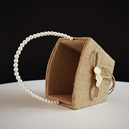 STAFUNI Rustic Burlap Flower Girl Baskets with Pearl Handle, BowKnot Heart Petals Basket for Vintage Wedding Ceremony - Thumbnail 3