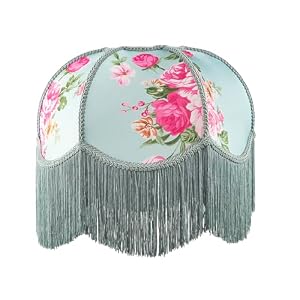 Duck Egg and Pink Rose Victorian Style Fabric Lamp Shade with Embroidered Trims and Long Tassels | 36cm x 20cm | Inner White Faux Silk Lining by Happy Homewares