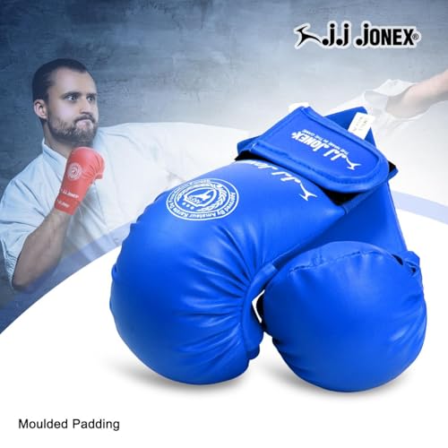 Image of Jonex JJ Moulded Karate Glove, Punching Bag Gloves for Training, Foam Padding, Elastic Hook & Loop Wrap Around Strap, Gloves for Better Protection | PU Shell | Foam Padding | Blue |