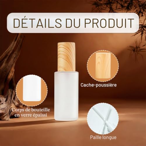 Lot de 3 flacons à pompe de voyage en verre mat de 50 ml pour articles de toilette, distributeur de lotion, savon avec couvercle en plastique grain de bois pour crème tonique et huiles essentielles – vue 3