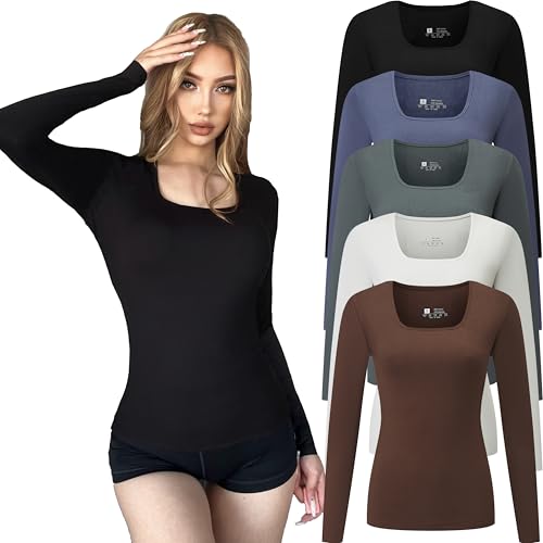FMNNNN 5pcs Women's Ribbed Long Sleeve Slim Fit T Shirt Square Neck Bodycon Crop Tunics Going Out Tops