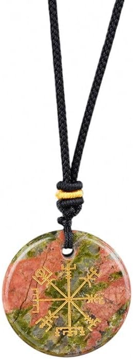 Lumisoul Natural Crystal Agate Viking Symbol Round Pendant, Nordic Rune Protection Amulet, Pagan Wicca Talisman, Norse Mythology Jewelry for Men & Women