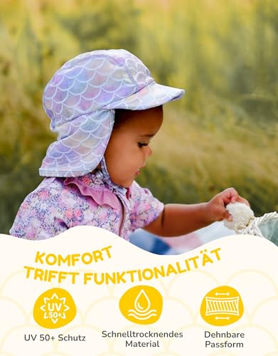 Mikk-line Baby Sonnenhut mit Nackenschutz LSF 30 | Leichter Sommerhut mit Bindebändern | Atmungsaktive Mütze mit Schirm aus Stretchmaterial