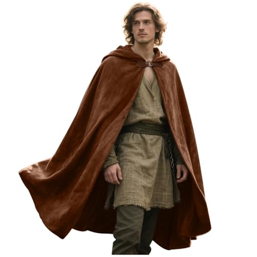 keland Renaissance Umhang mit Kapuze Samt Kapuzenumhang Halloween Mittelalter Hobbit Kapuzenmantel (Braun)
