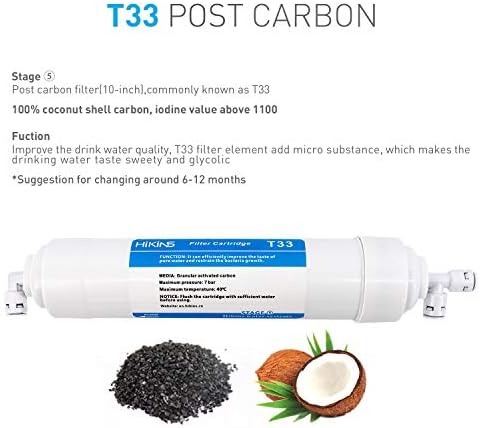 HiKiNS Water Replacement Filter Set of 10-in PP Sediment, GAC Granulle Active Carbon, CTO and T33 Post Carbon (4-Pack Without RO Membrane) for Drinking Water Filter Reverse Osmosis Water Systems