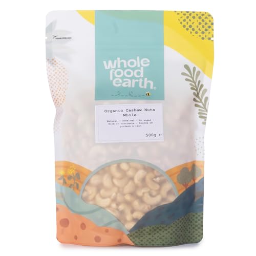 Whole Food Earth Bio-Cashewnüsse ganz – 500 g Roh GMO-frei Hoher Ballaststoffgehalt Proteinquelle Aus kontrolliert biologischem Anbau