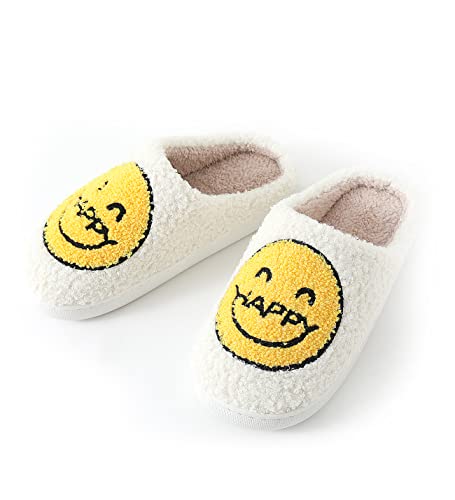 TOCONFFON Smile Face Slippers Cute Cozy Comfy House Slippers Fuzzy Fluffy Slippers with Memory Foam Indoor House Slip-on Slipper for Men Women(White-Yellow Smile,9-10 Women/8.5-9.5 Men)