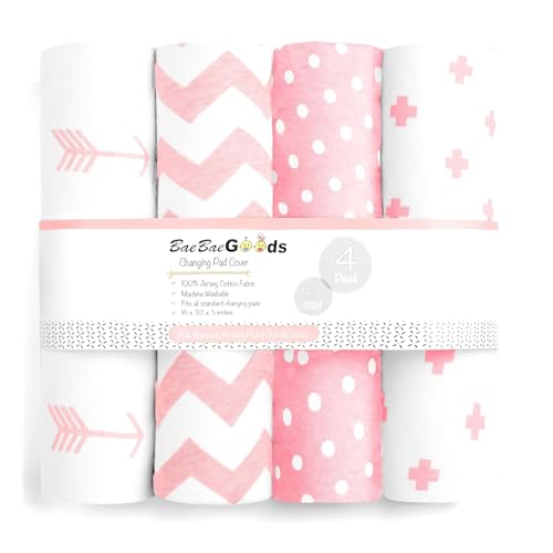 Image of Changing Pad Cover – Baby Changing Pad Covers 4 Pack – Girls Changing Pad Cover Set – Pure Cotton Machine Washable Pink and White Changing Table Cover – Diaper Changing Pad Cover Sheets