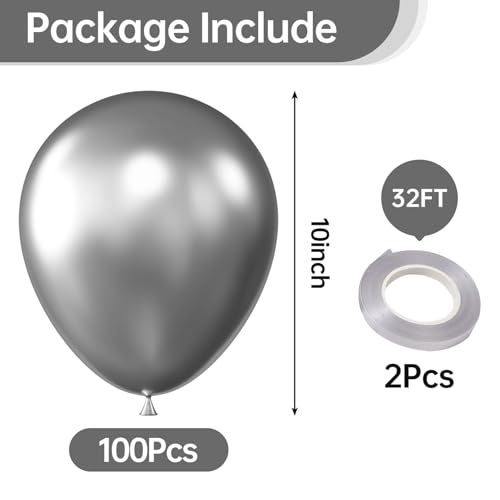 Image of 10 Inch Metallic Silver Balloons, 100 Pcs Latex Helium Metallic Balloons for Kid's Birthday Party Baby Shower Wedding Graduation Graduation Party Decorations