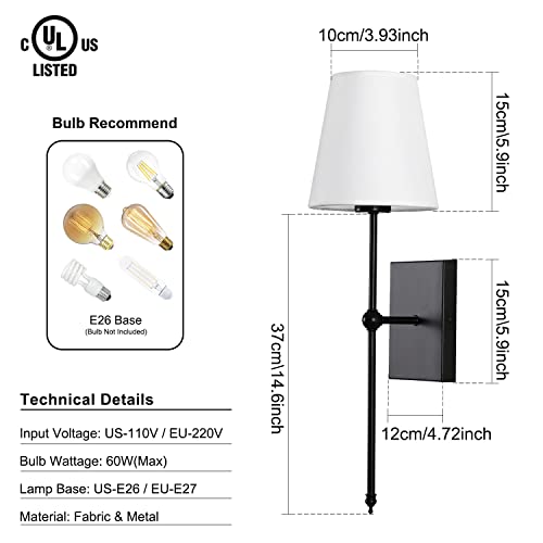 Gladfresit Set Of 2 Slim Wall Sconces With White Fabric Shade, Matte Black Base Indoor Wall Light Fixtures For Bedroom Bedside Bathroom Vanity Light Living Room #TOP3