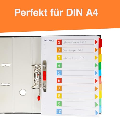Westcott Register für Ordner A4 | Trennblätter für Din A4 Ordner | 10 beschriftbare Tabs in 5 Farben als Ordner Organizer | Robuste 160g/m² mit Eurolochung | E-1733311 00